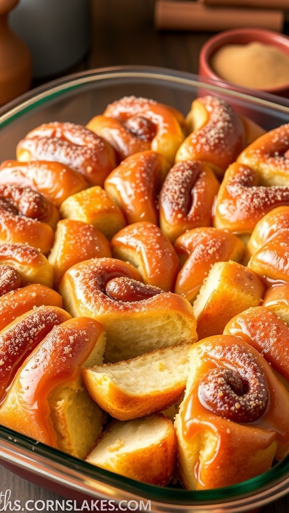 Cinnamon Monkey Bread in a 9x13 Pan Cinnamon monkey bread in a 9x13 pan, golden brown and drizzled with glaze, with pull-apart pieces.